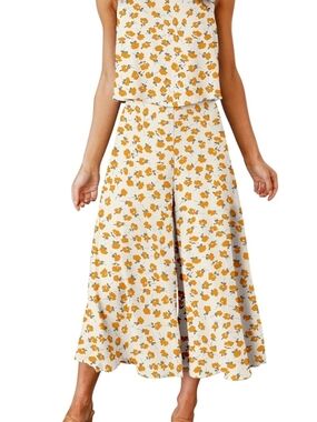 2 Piece Suit Top Pants Jumpsuit Wide Leg Crop Floral Comfy Dressy Size XL 16
